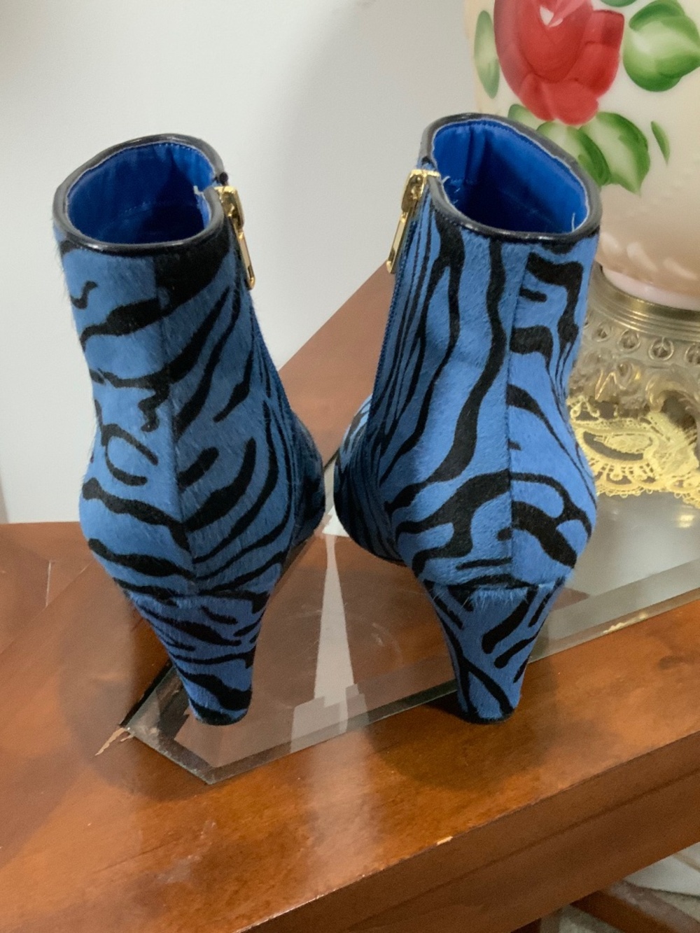 Blue Zebra Genuine Leather Ankle Boots 8 Y2K Funky Animal Print Booties Theme - Picture 4 of 9